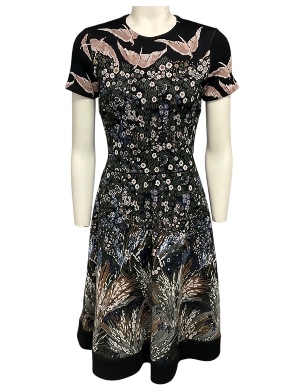 VALENTINO BLACK MULTI SHORT SLEEVED FLORAL AND BIRD JACQUARD FLARED MIDI DRESS